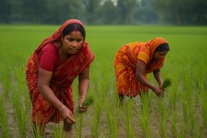 Bangladeshi Hindu women wearing red and yellow sarees with bindis, working together in a lush green paddy field.